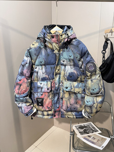 美式涂鸦小熊印花字母工装连帽羽绒服男冬季宽松保暖白鸭绒外套潮