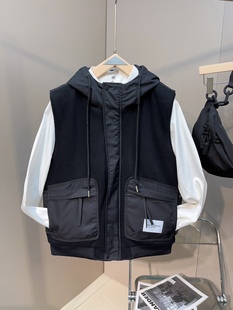风宽松连帽外穿背心上衣高领防风贴标潮 加棉马甲工装 秋冬新款 男士