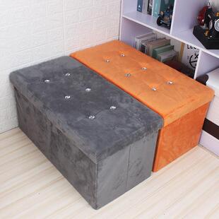 的76尺寸长款植绒储物凳可折叠能坐人水晶柔绒布带钻收纳凳子