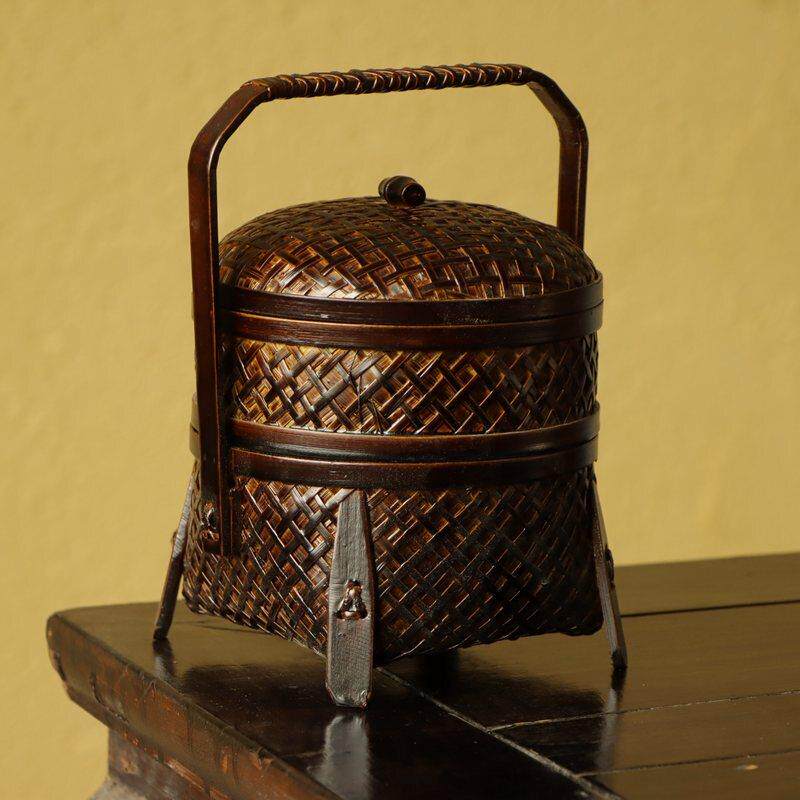 复古精编大漆竹制双层提篮 竹编送餐篮  茶点篮