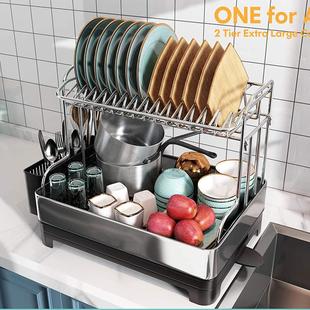 厨房碗碟收纳架放碗筷架沥水架不锈钢大号双层餐具置物架刀板架