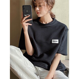 Q宽松潮流短袖T恤女夏季网红潮牌中长款白色华夫格半袖上衣女款