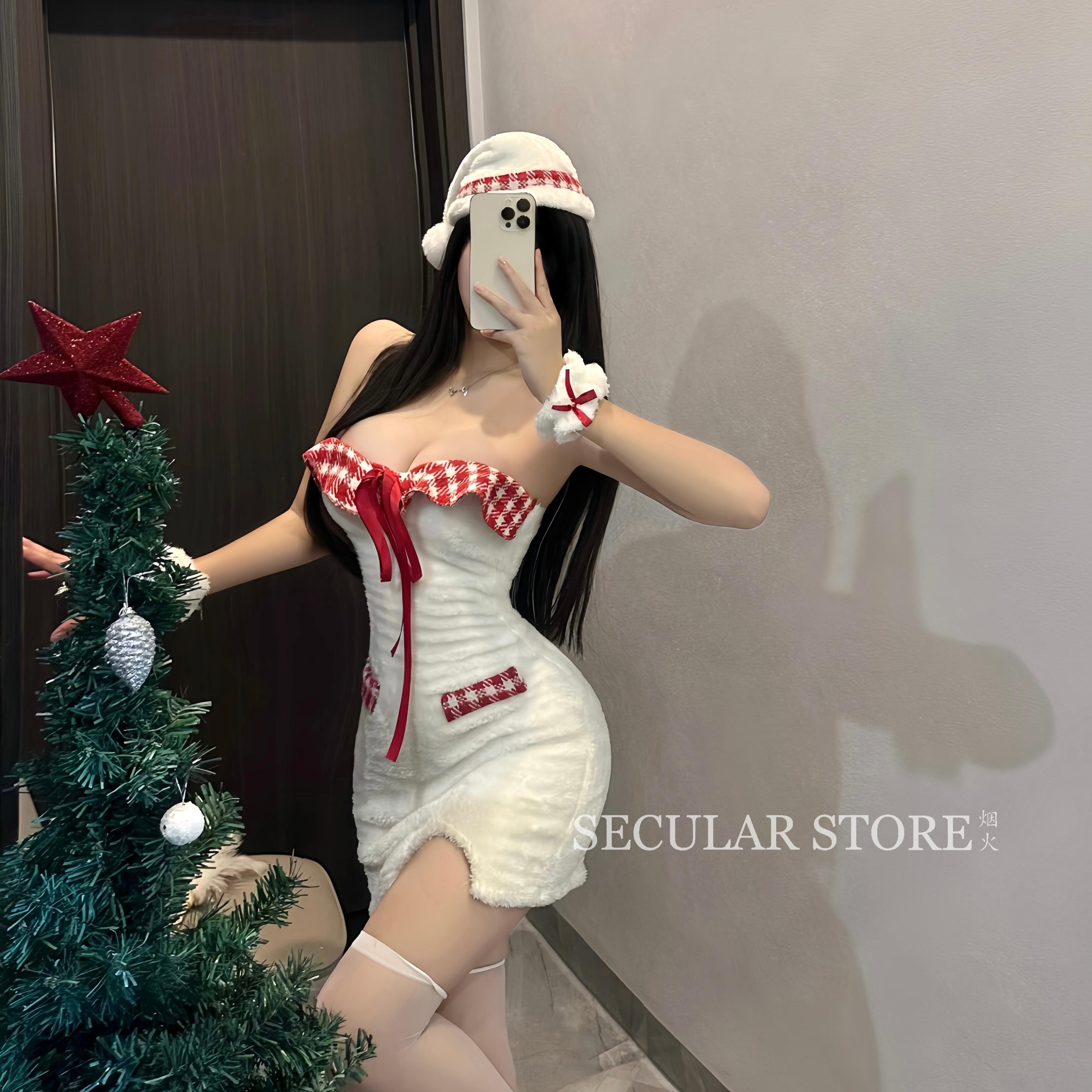 淡奶油 圣诞氛围感衣服毛茸格子挂脖可爱包臀短裙 烟火的内衣店