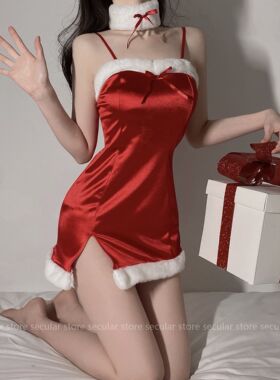 圣诞礼物 烟火家 跨年圣诞战袍兔女郎性感抹胸制服御姐红色连衣裙