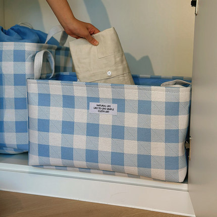 加厚布艺格子风格收纳筐居家宿舍衣服储物箱车载折叠零食收纳箱大