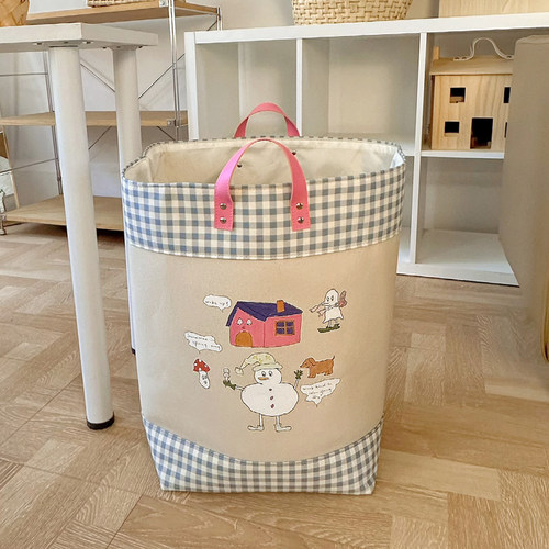 皮质把手加厚布艺手提袋折叠水洗