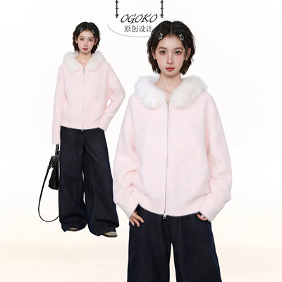 粉色水貂绒毛领连帽毛衣