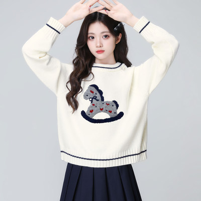 米白色圆领毛衣女秋冬202