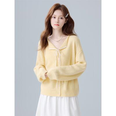 温柔风蕾丝系带黄色长袖