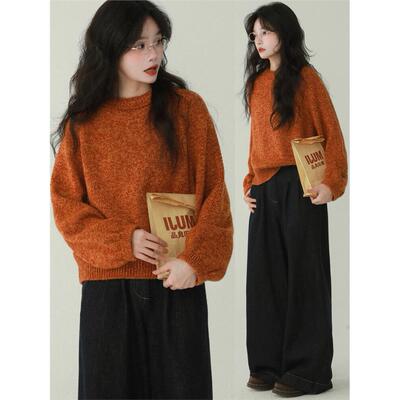韩系橘色圆领套头毛衣女