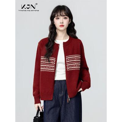 红色圆领毛衣外套女春秋2