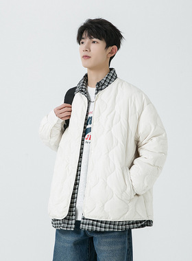 已质检 90绒冬季新款潮流时尚拼接格纹翻领短款羽绒服男女同款
