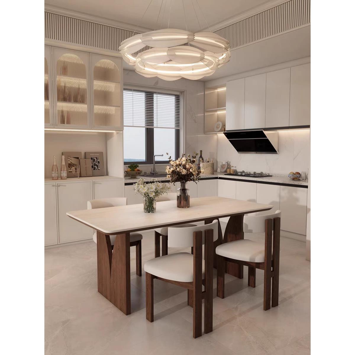 实木餐桌长方形胡桃色家庭客厅中世纪Wabi-Sabi风格哑光餐桌和椅