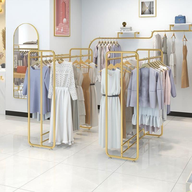 服装店衣架展示架落地式双排中岛挂衣架货架J女装店金色挂衣服架