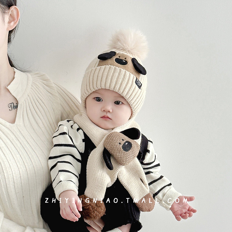 婴儿帽子秋冬季针织帽围巾套装超萌小月龄宝宝冬天防风儿童护耳帽