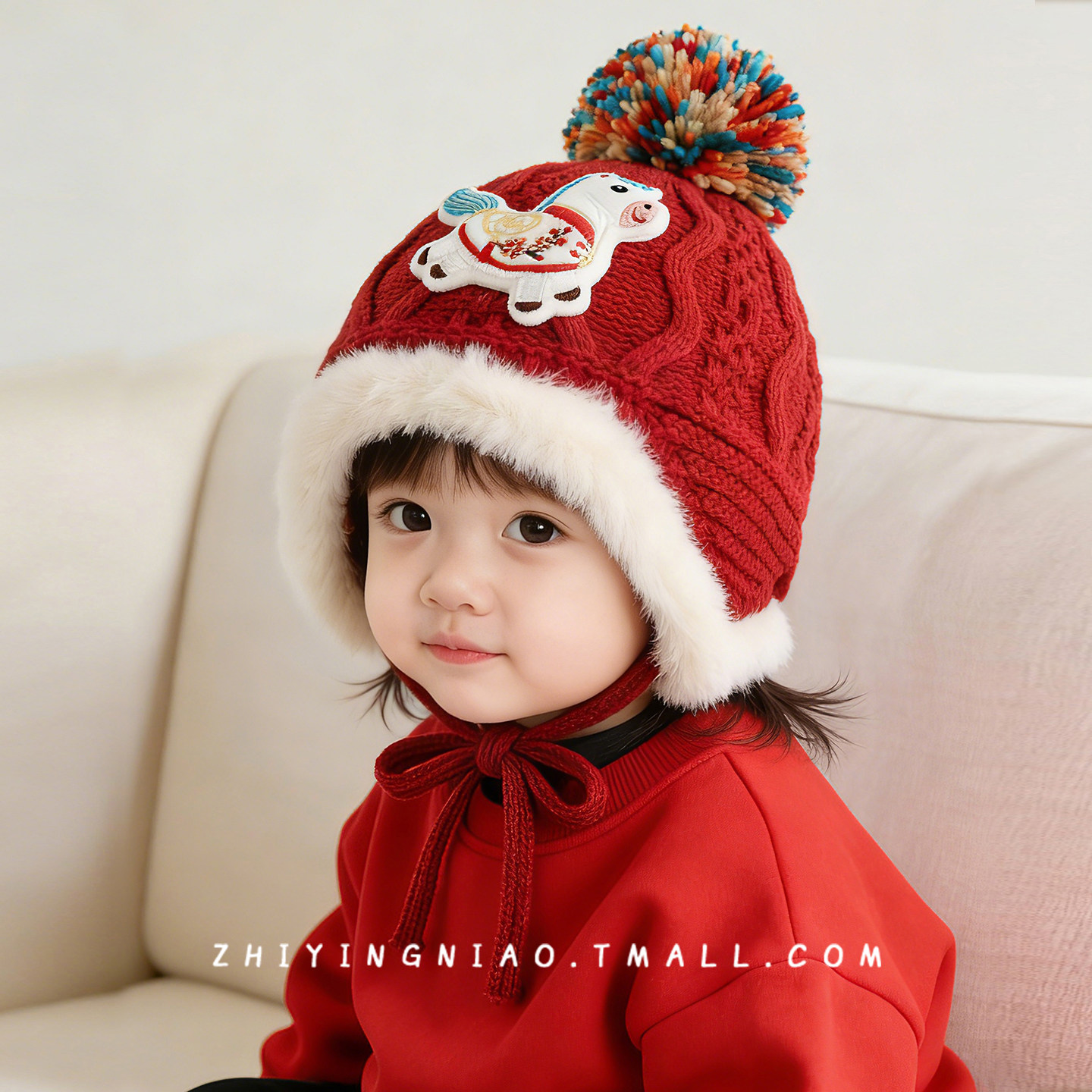 宝宝帽子秋冬季红色新年帽加厚保暖儿童毛绒户外防风女孩毛线帽子