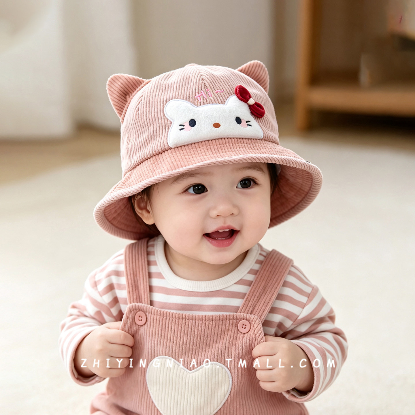 宝宝帽子卡通猫咪渔夫帽婴幼儿可爱立体动物遮阳帽春秋季超萌刺绣