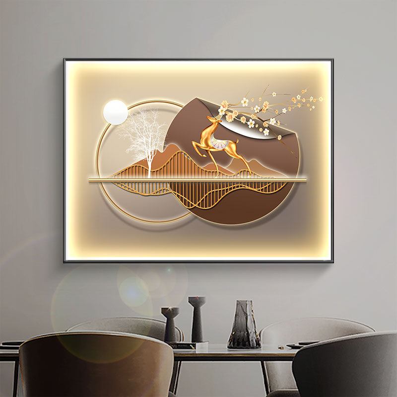 高端定制轻奢福鹿装饰画餐厅挂画大气氛围感壁画发光LED灯画图片