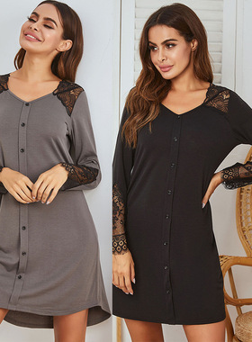 亚马逊外贸秋冬欧美女士长袖睡裙蕾丝拼接假门襟套头家居服睡衣