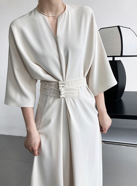鹿西 气质高级盘扣收腰系带直筒连衣裙新中式国风改良长裙子3030