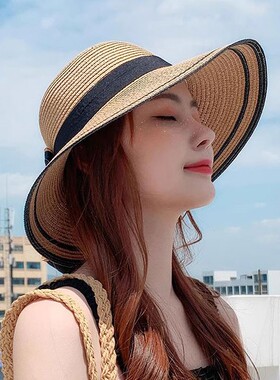 拉菲草帽女款夏季平顶防晒遮阳帽海边沙滩拍照渔夫帽子草编编织帽