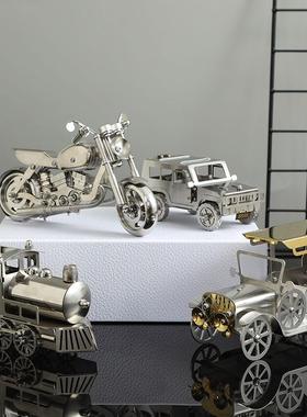 不锈钢哈雷摩托车吉普老爷车金属模型创意工业风合金轻奢银色摆件