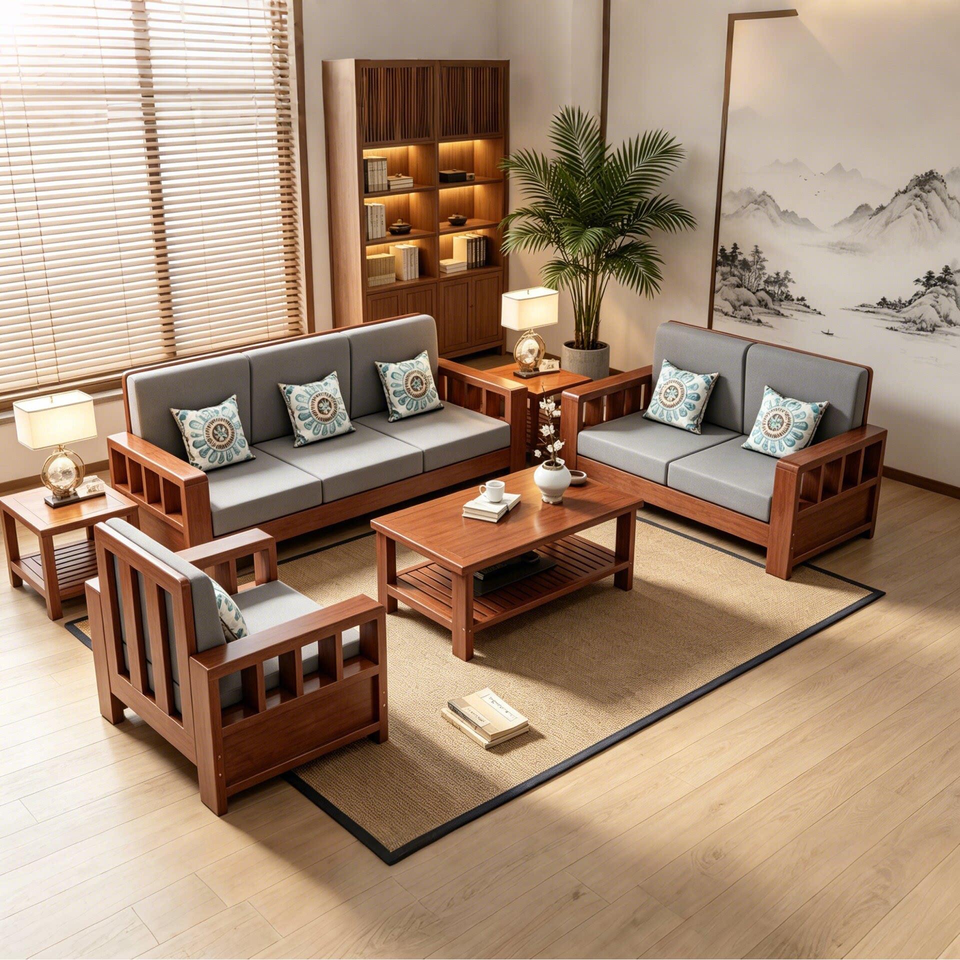 实木沙发客厅新中式家具农村茶几套装组合家用全实木冬夏两用沙发