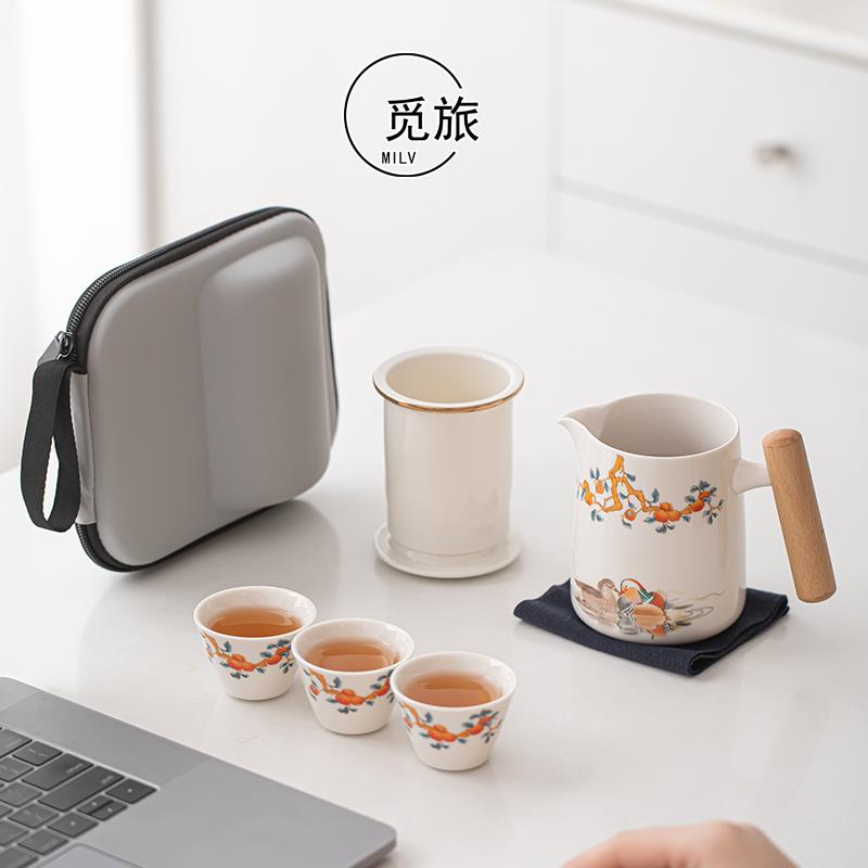柿柿如意陶瓷旅行茶具套装礼品小套装一壶三杯便携快客杯户外茶具