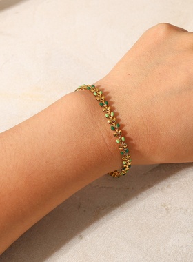 INS欧美女式新款手链18K金绿色滴油橄榄叶子不锈钢时尚风手链饰品