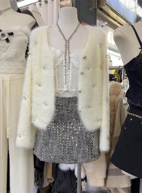 十三行现货2024秋冬新款时尚气质毛毛外套半身裙套装s7532W286