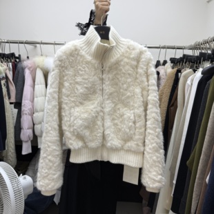 毛衣上衣外套s68800w345 拼接毛绒绒短款 十三行现货2025冬新款 韩版