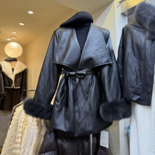 大翻领系带收腰皮衣外套s68752w512 韩版 十三行现货2025冬季 新款