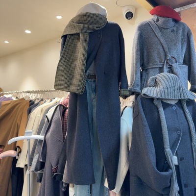 韩版时尚格纹撞色长款羊毛大衣