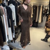 十三行现货2025秋冬新款 蕾丝连衣裙S68507W243 V领长袖 韩版 时尚