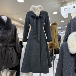 大衣外套s68776w598 系带收腰双排扣长款 十三行现货2025冬新款 韩版