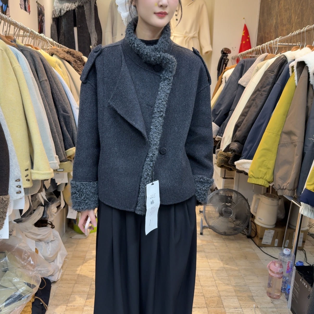 韩版时尚毛领双面羊毛短款外套