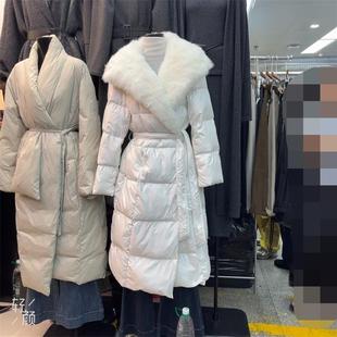 十三行现货2025秋冬韩版 羽绒服s7913w756 气质毛领绑带收腰中长款