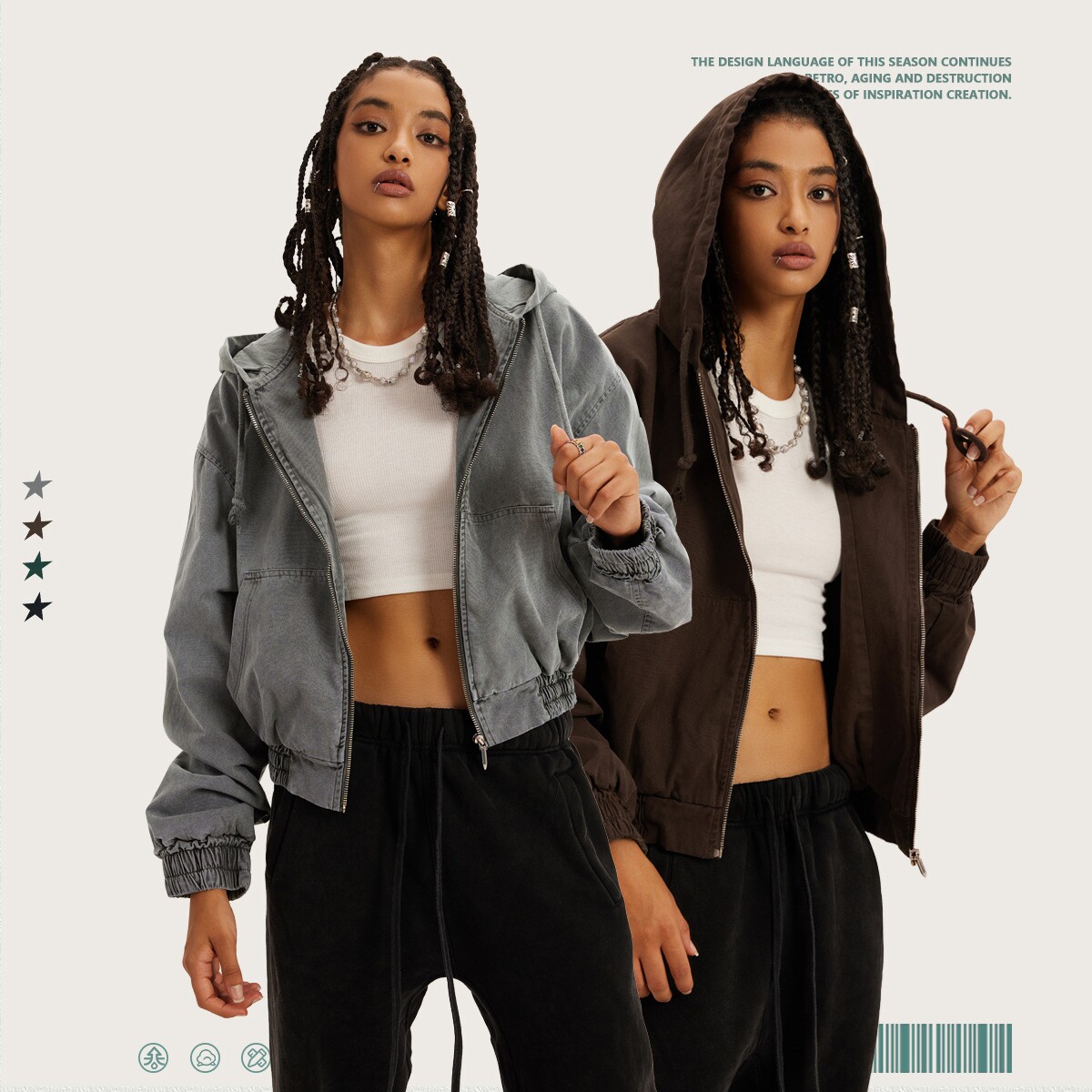 INF|秋冬重磅复古水洗做旧拉链连帽卫衣美式辣妹百搭纯色短款外套