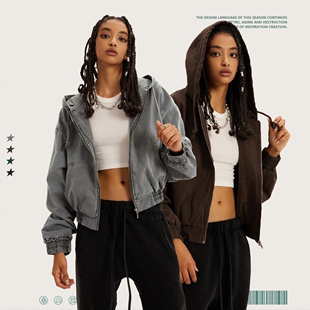 INF|秋冬重磅复古水洗做旧拉链连帽卫衣美式辣妹百搭纯色短款外套