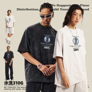 春夏新款重磅水洗复古印花短袖T恤街头ins潮牌宽松百搭体恤上衣男