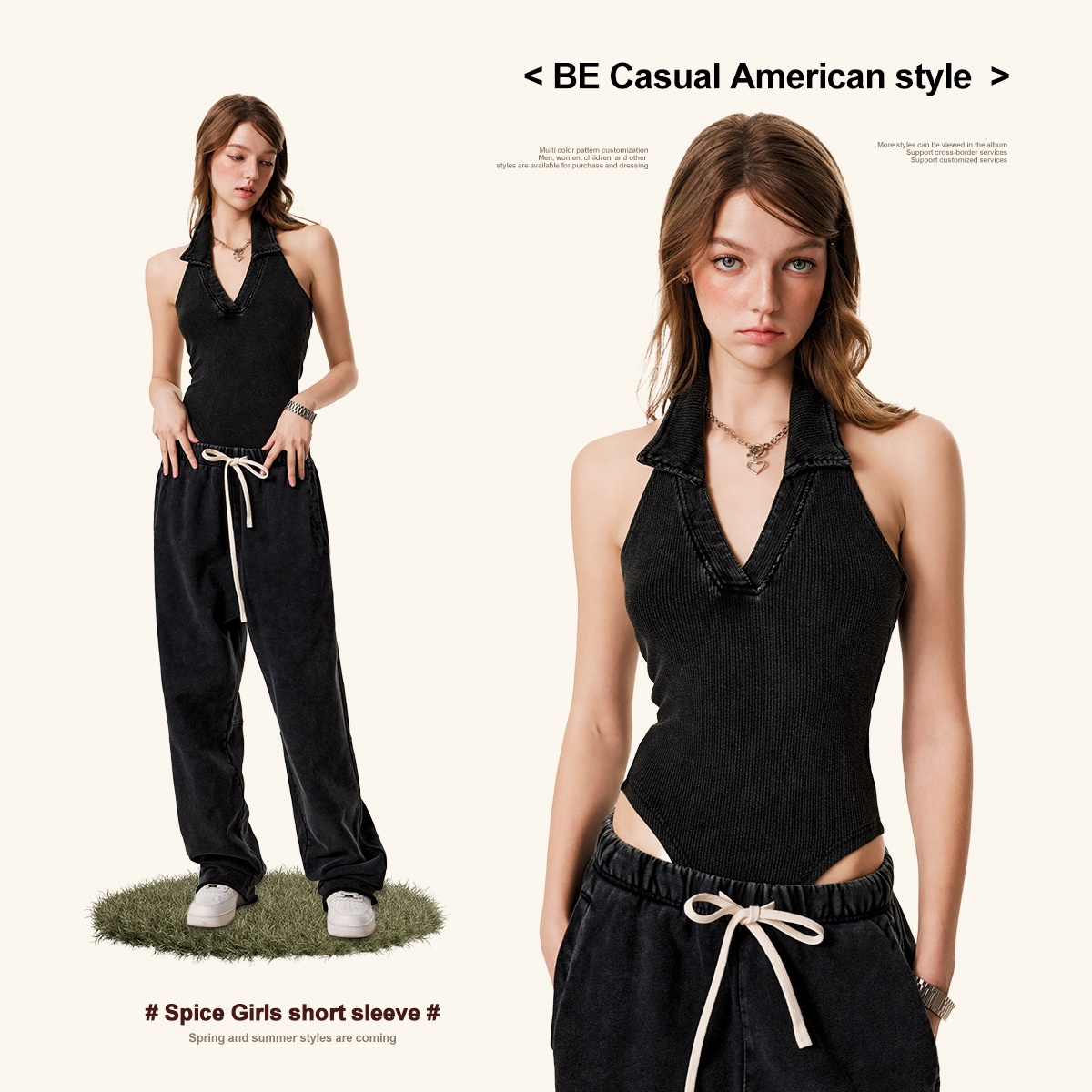 美式潮牌挂脖辣妹挖肩上衣春夏新品V领性感甜辣简约露背连体衣女