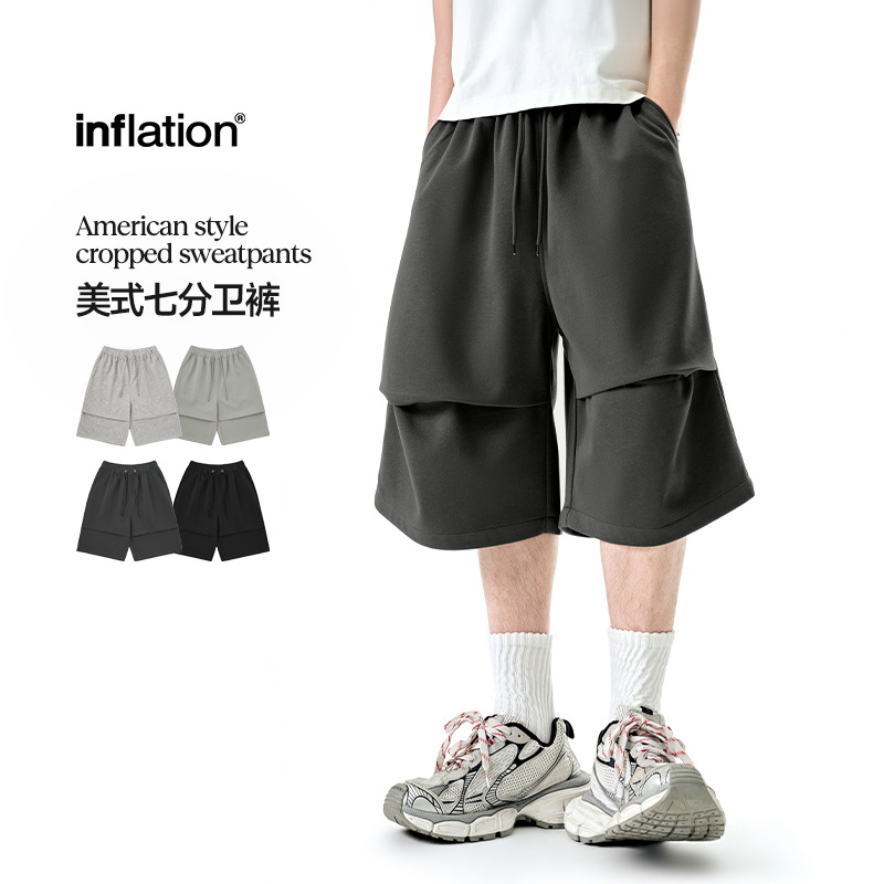 春夏新品美式七分卫裤潮牌街头阔腿休闲裤简约宽松百搭男士短裤潮
