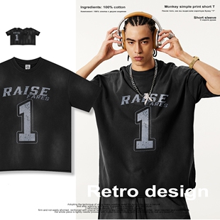 美式复古设计感印花短袖T恤ins高街潮牌痞帅黑色重磅体恤上衣男潮