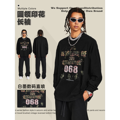 美式复古高街RRR123FOG潮牌印花水洗长袖T恤春秋款宽松百搭体恤男