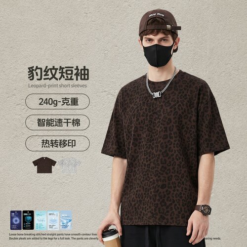 美式复古BOXY豹纹圆领短袖t恤春夏新品ins潮牌大码休闲宽松上衣男