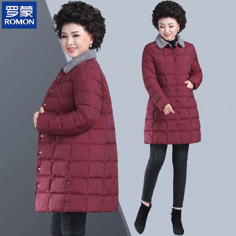 罗蒙妈妈秋冬装外套棉袄中年棉衣女中长款50岁中老年轻薄羽绒棉服