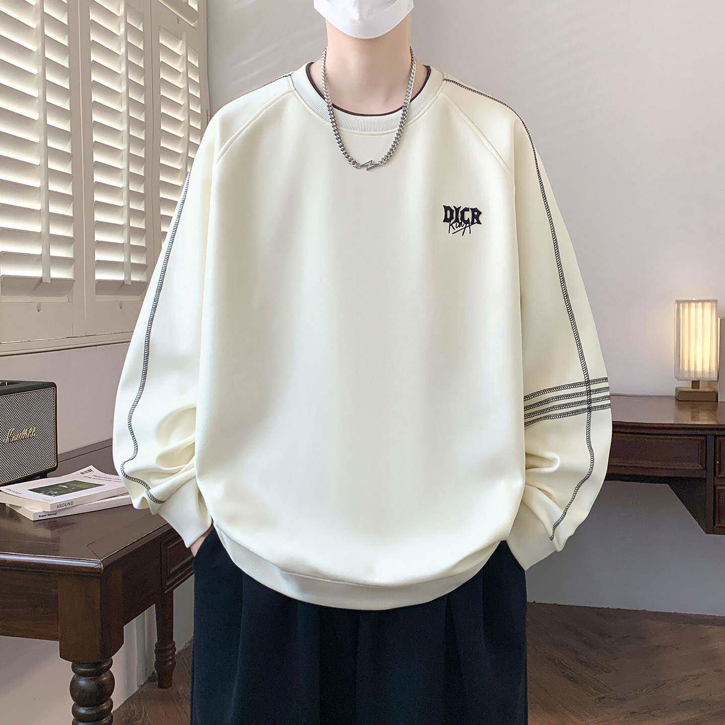 春秋款圆领卫衣男春秋季青少年潮牌美式休闲宽松初中学生校服内搭
