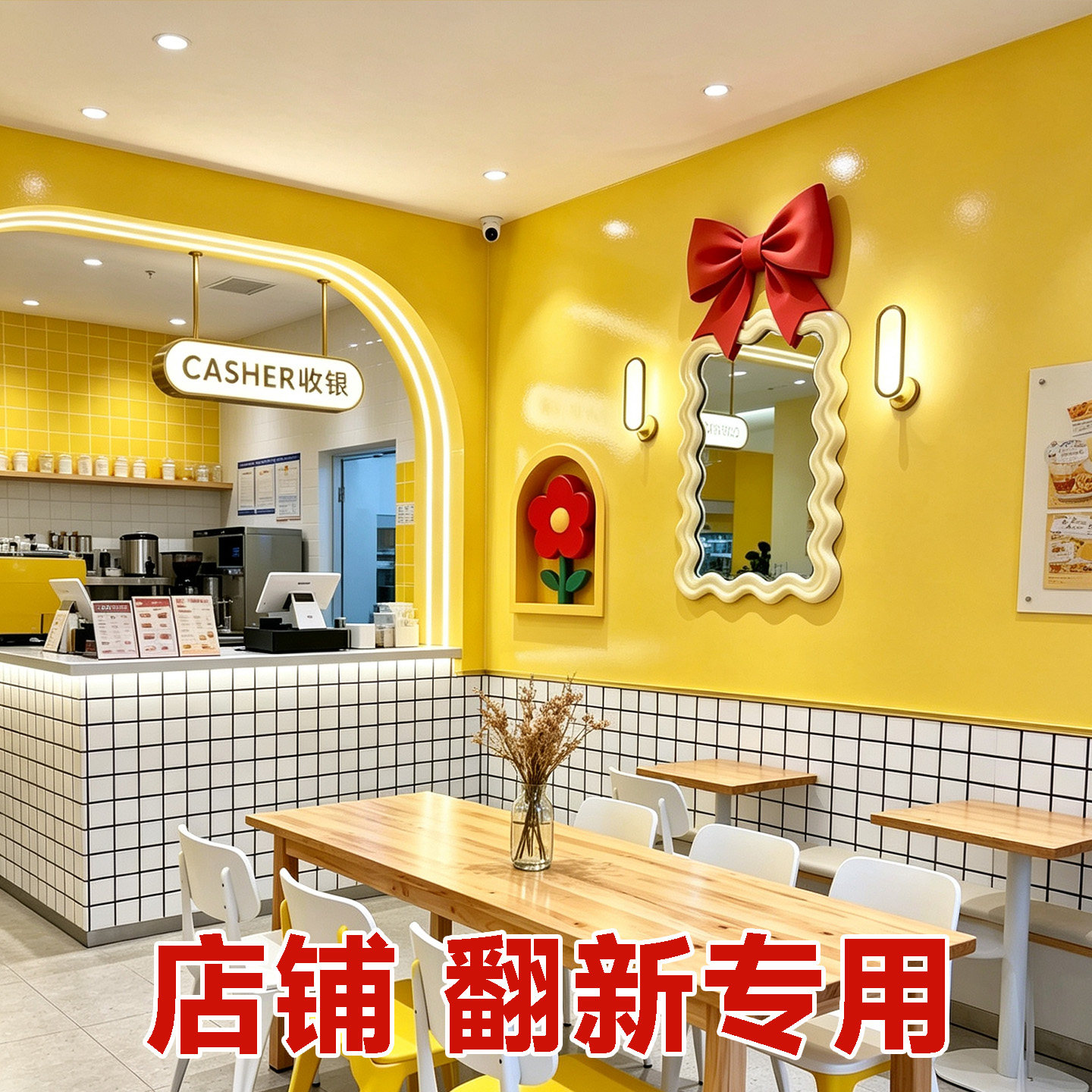 PVC仿瓷砖墙贴自粘奶茶店网红墙面装饰黄色墙纸遮丑护墙板自装厚