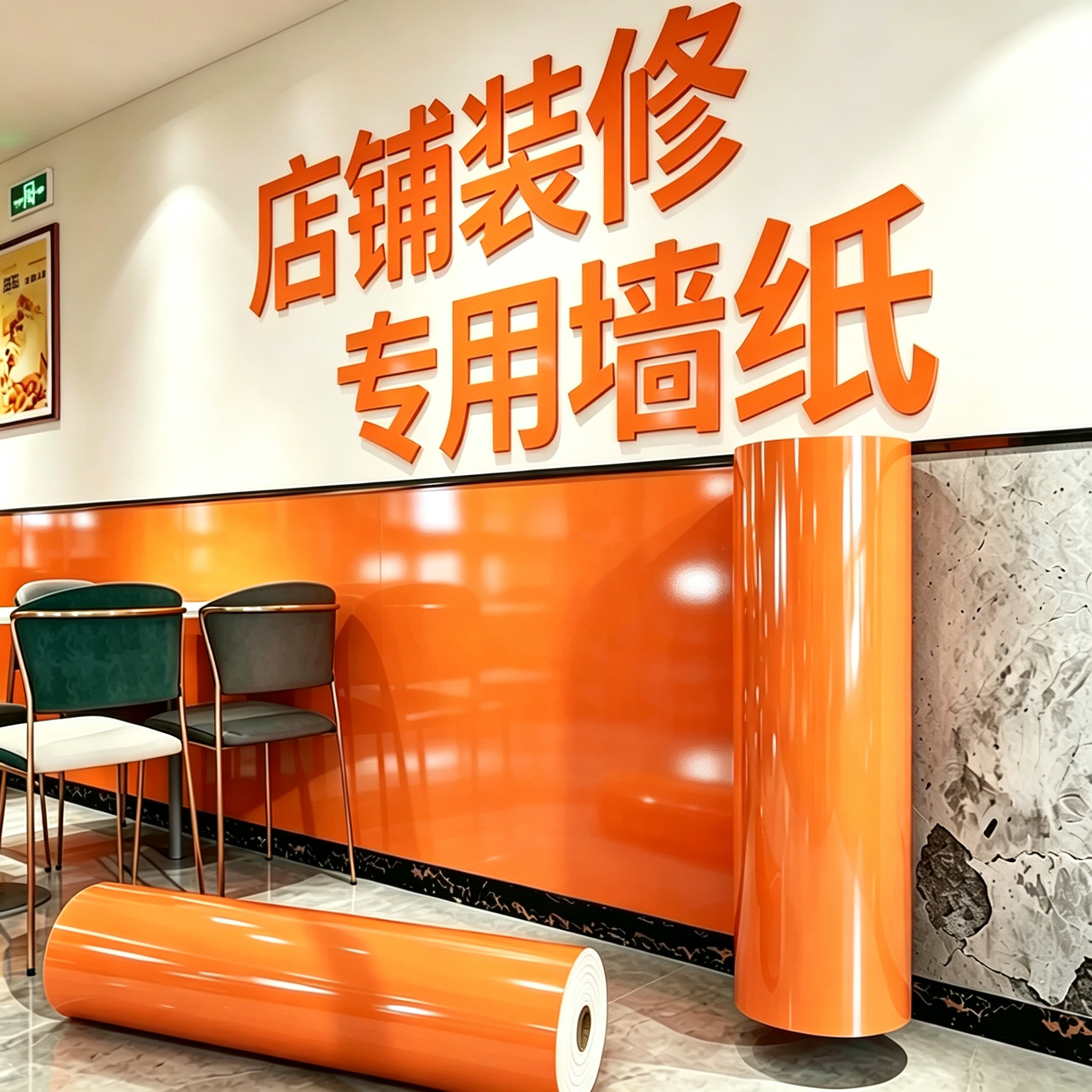 橙色墙纸商用餐饮pvc餐厅吧台半墙面贴纸装饰遮丑自粘防水防潮厚
