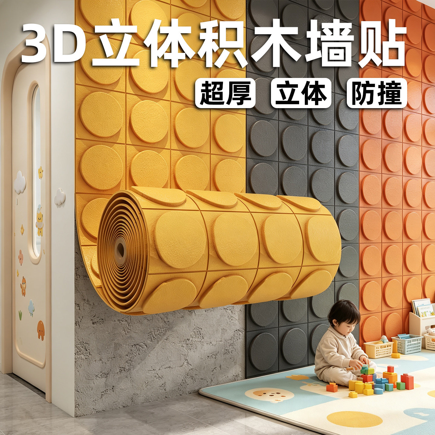 儿童房墙面装饰遮丑护墙板自粘托管班教室3d立体墙贴卧室防撞加厚